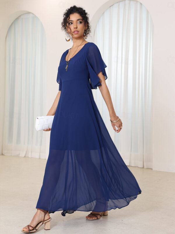 Women's Maxi Dress Elegant Flutter Sleeve Solid Blue Scoop Neck Cinched Waist Flowy Sheer Overlay Formal Event Party Summer All Sizes 2025 - US $44.99