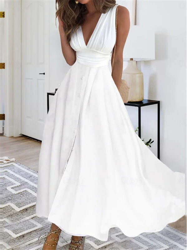 Women's Maxi Dress Elegant White V-Neck Sleeveless Cinched Waist A-Line Formal Evening Wedding Prom Spring Summer Full Size Flattering Fit Clothing Ap