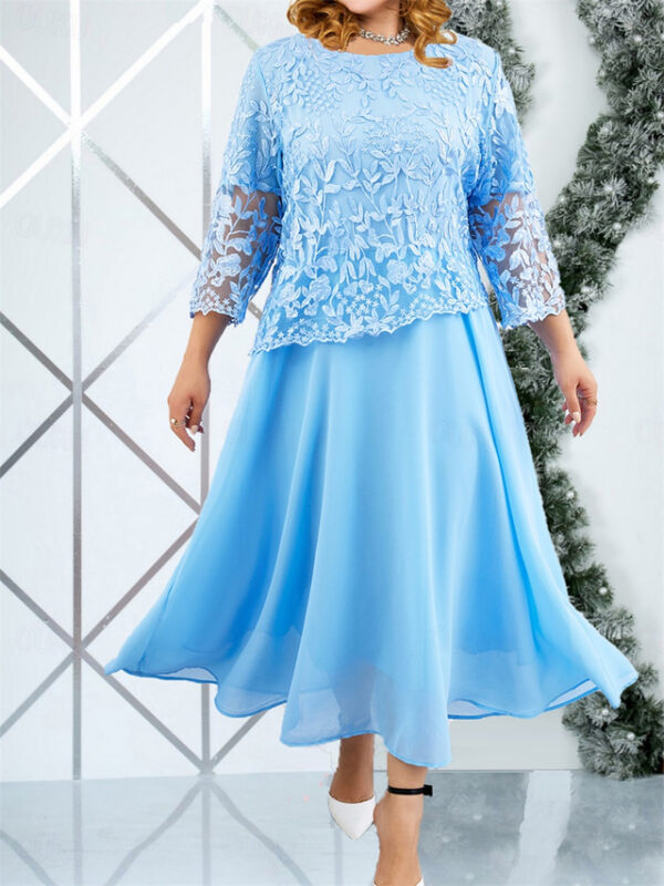 Women's Plus Size Curve Party Dress Winter Dress Lace Dress Solid Color Long Dress Maxi Dress 3/4 Length Sleeve Lace Ruched Crew Neck Elegant Party Pi