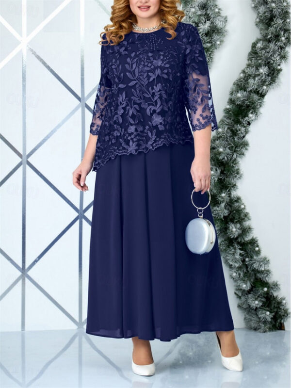 Women's Plus Size Curve Party Dress Winter Dress Lace Dress Solid Color Long Dress Maxi Dress 3/4 Length Sleeve Lace Ruched Crew Neck Elegant Party Pi