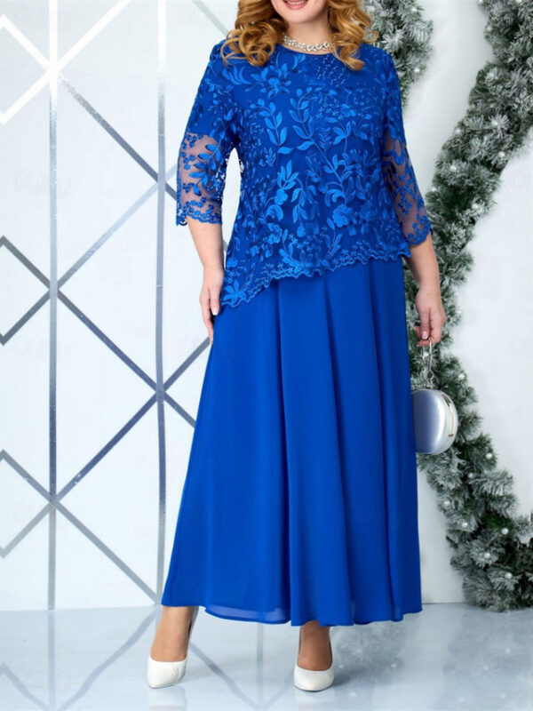 Women's Plus Size Curve Party Dress Winter Dress Lace Dress Solid Color Long Dress Maxi Dress 3/4 Length Sleeve Lace Ruched Crew Neck Elegant Party Pi