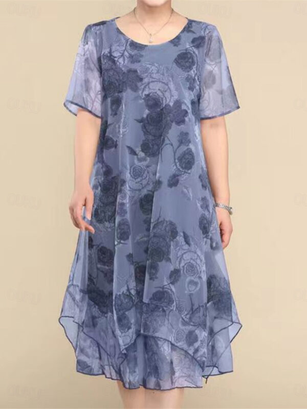 Women's Plus Size Party Dress Cocktail Dress Wedding Guest Dress Chiffon Mesh Layered Crew Neck Short Sleeve Floral Midi Dress Wedding Guest Cocktail