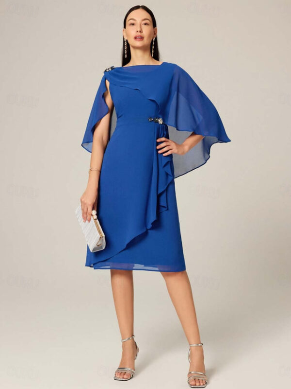 Women's Plus Size Wedding Guest Cocktail Dress Set Chiffon Ruffle Boat Neck Sleeveless Midi Dress Party Elegant Royal Blue Summer 2025 - US $46.99