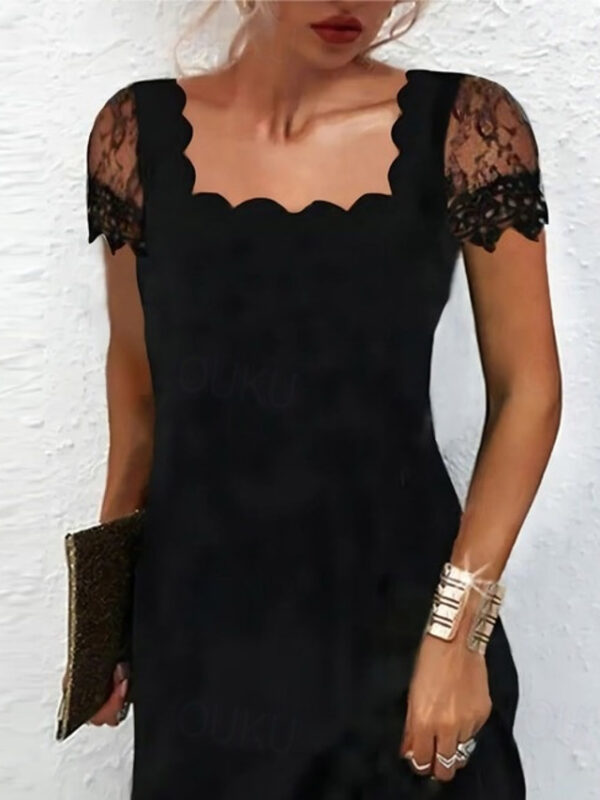 Women's Simple Mini Black Dress Lace Ruffle Scalloped Neck Short Sleeve Causal Party Fall Winter 2024 2025 - US $37.99