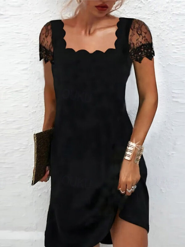 Women's Simple Mini Black Dress Lace Ruffle Scalloped Neck Short Sleeve Causal Party Fall Winter 2024 2025 - US $37.99