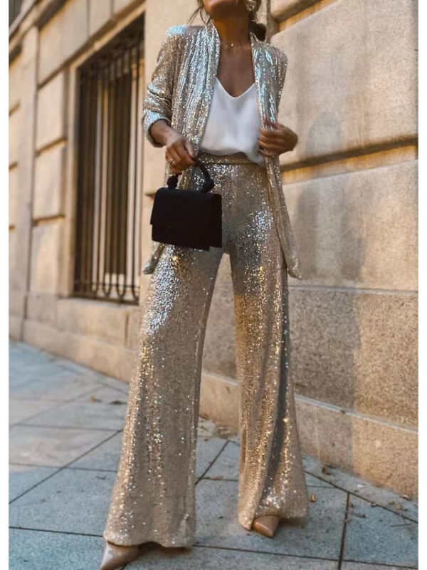 Women's Straight Fashion Trousers Full Length Natural Sequins Wide Leg Micro-elastic Party Work Silver Black 1# All Seasons Loose Fit 2025 - US $36.99