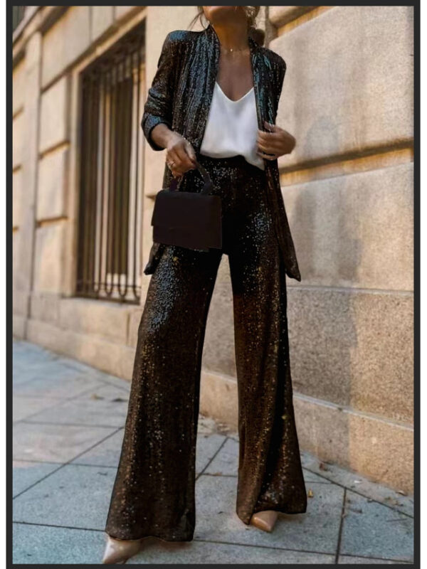 Women's Straight Fashion Trousers Full Length Natural Sequins Wide Leg Micro-elastic Party Work Silver Black 1# All Seasons Loose Fit 2025 - US $36.99