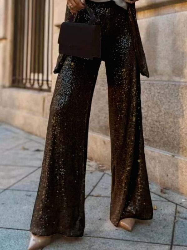 Women's Straight Fashion Trousers Full Length Natural Sequins Wide Leg Micro-elastic Party Work Silver Black 1# All Seasons Loose Fit 2025 - US $36.99