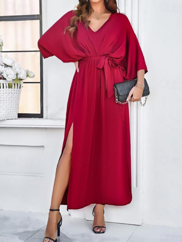 Women's Tiered Dress Maxi Dress Split Thigh Party Formal V Neck 3/4 Length Sleeve Batwing Sleeve Black Wine Green Color 2025 - US $42.99