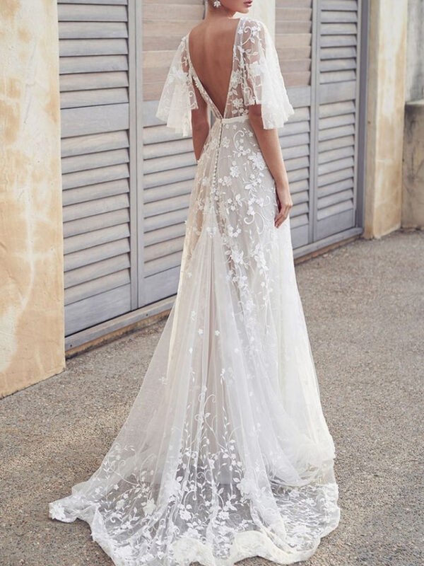 Women's Wedding Gown V-Neck Short Sleeve Floral Lace Appliqué Elegant Bridal Floor-Length Dress White Ethereal Sheer Overlay Spring Summer Ceremony 20