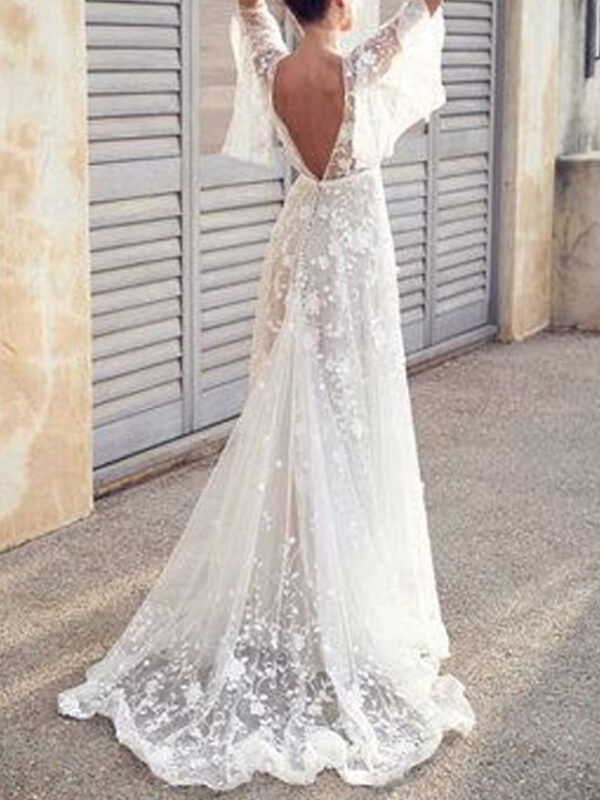 Women's Wedding Gown V-Neck Short Sleeve Floral Lace Appliqué Elegant Bridal Floor-Length Dress White Ethereal Sheer Overlay Spring Summer Ceremony 20