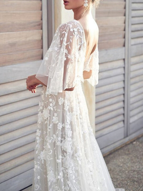 Women's Wedding Gown V-Neck Short Sleeve Floral Lace Appliqué Elegant Bridal Floor-Length Dress White Ethereal Sheer Overlay Spring Summer Ceremony 20