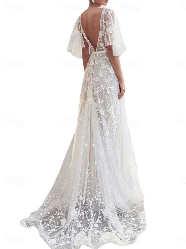 Women's Wedding Gown V-Neck Short Sleeve Floral Lace Appliqué Elegant Bridal Floor-Length Dress White Ethereal Sheer Overlay Spring Summer Ceremony 20