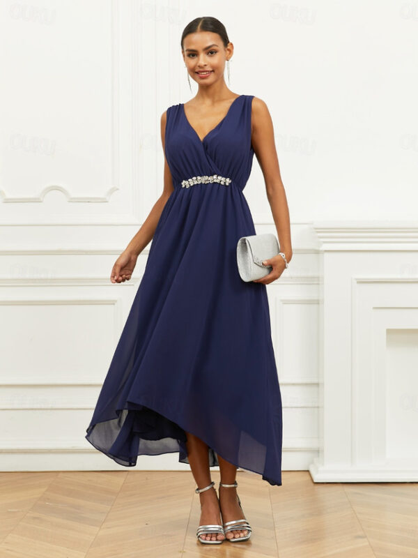 Women's Wedding Guest Cocktail Dress A Line Maxi Chiffon Ruched Tiered Elegant V Neck Sleeveless dress Navy Blue Color 2025 - US $42.99