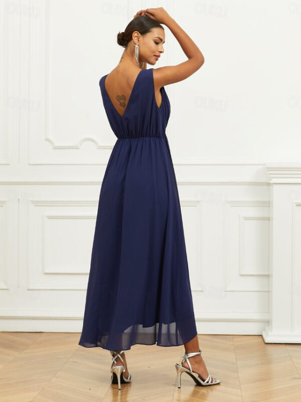 Women's Wedding Guest Cocktail Dress A Line Maxi Chiffon Ruched Tiered Elegant V Neck Sleeveless dress Navy Blue Color 2025 - US $42.99