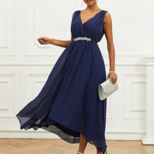 Women's Wedding Guest Cocktail Dress A Line Maxi Chiffon Ruched Tiered Elegant V Neck Sleeveless dress Navy Blue Color 2025 - US $42.99