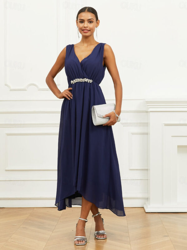 Women's Wedding Guest Cocktail Dress A Line Maxi Chiffon Ruched Tiered Elegant V Neck Sleeveless dress Navy Blue Color 2025 - US $42.99