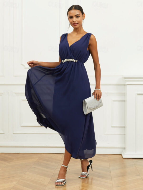 Women's Wedding Guest Cocktail Dress A Line Maxi Chiffon Ruched Tiered Elegant V Neck Sleeveless dress Navy Blue Color 2025 - US $42.99