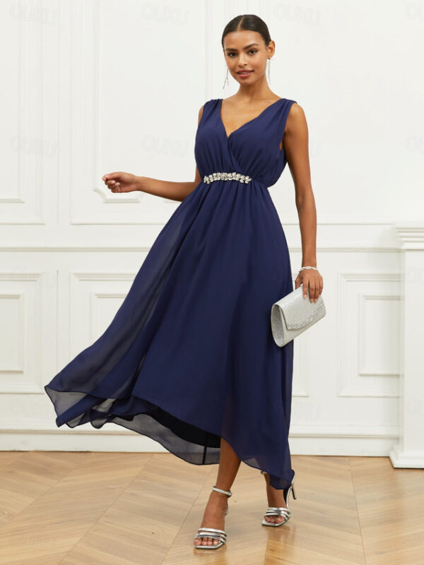 Women's Wedding Guest Cocktail Dress A Line Maxi Chiffon Ruched Tiered Elegant V Neck Sleeveless dress Navy Blue Color 2025 - US $42.99