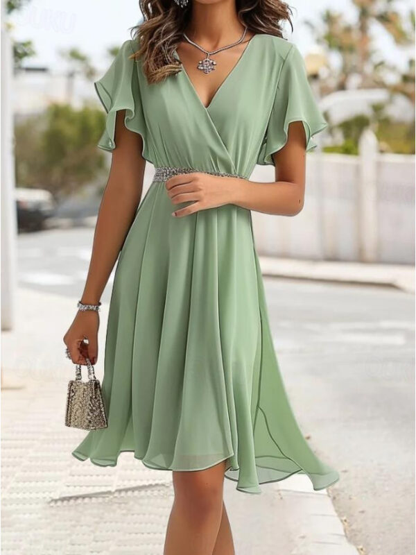 Women's Wedding Guest Cocktail Dress Bridesmaid Chiffon Split Thigh Elegant Midi Dress V Neck Short Flounce Sleeve Pink Blue Green Color 2025 - US $37