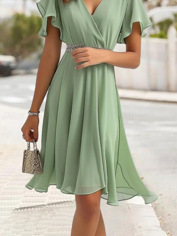 Women's Wedding Guest Cocktail Dress Bridesmaid Chiffon Split Thigh Elegant Midi Dress V Neck Short Flounce Sleeve Pink Blue Green Color 2025 - US $37