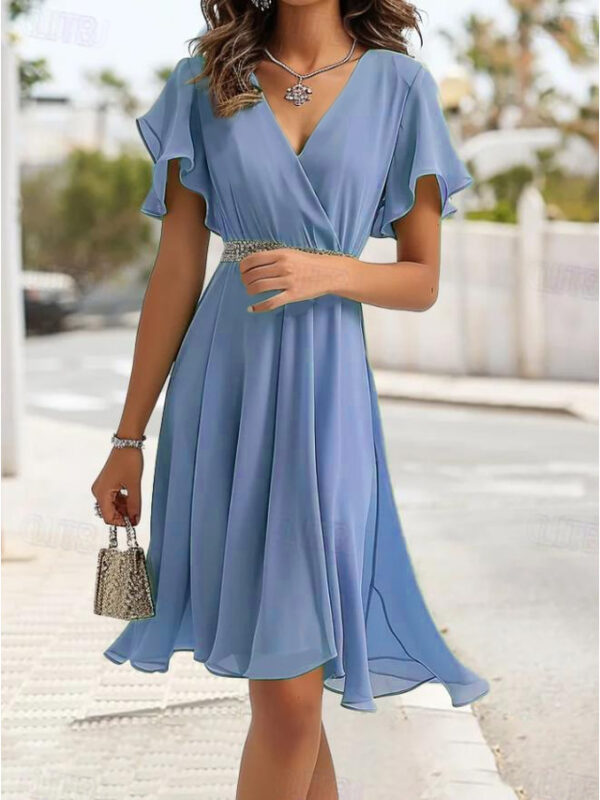 Women's Wedding Guest Cocktail Dress Bridesmaid Chiffon Split Thigh Elegant Midi Dress V Neck Short Flounce Sleeve Pink Blue Green Color 2025 - US $37