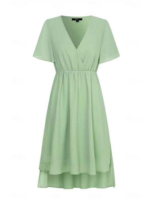 Women's Wedding Guest Cocktail Dress Bridesmaid Chiffon Split Thigh Elegant Midi Dress V Neck Short Flounce Sleeve Pink Blue Green Color 2025 - US $37