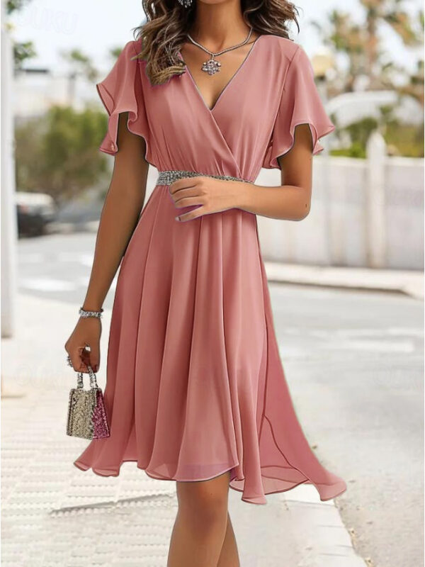 Women's Wedding Guest Cocktail Dress Bridesmaid Chiffon Split Thigh Elegant Midi Dress V Neck Short Flounce Sleeve Pink Blue Green Color 2025 - US $37