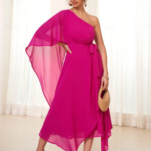 Women's Wedding Guest Cocktail Dress Chiffon Belted Asymmetrical Hem Elegant Formal Maxi A Line Dress Off Shoulder Fuchsia Color 2025 - US $47.99