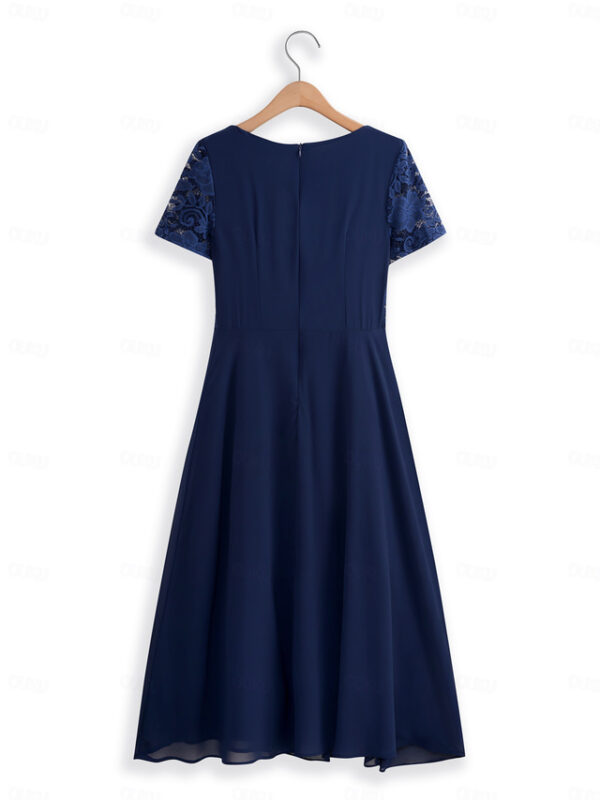 Women's Wedding Guest Cocktail Dress Chiffon Contrast Lace Ruffle Hem Elegant Formal Midi A Line Dress Crew Neck Short Sleeve Dark Blue Color 2025 -