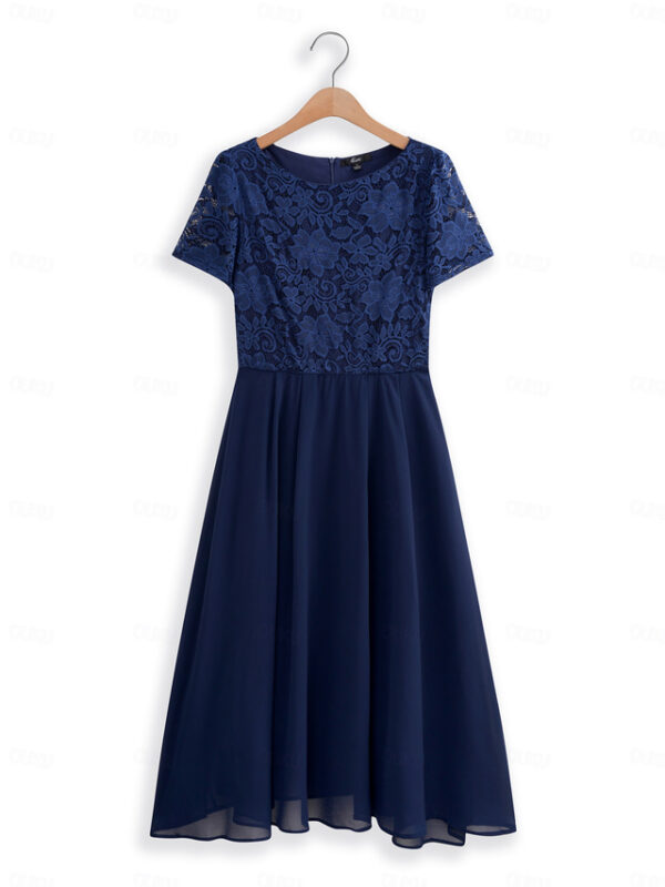 Women's Wedding Guest Cocktail Dress Chiffon Contrast Lace Ruffle Hem Elegant Formal Midi A Line Dress Crew Neck Short Sleeve Dark Blue Color 2025 -