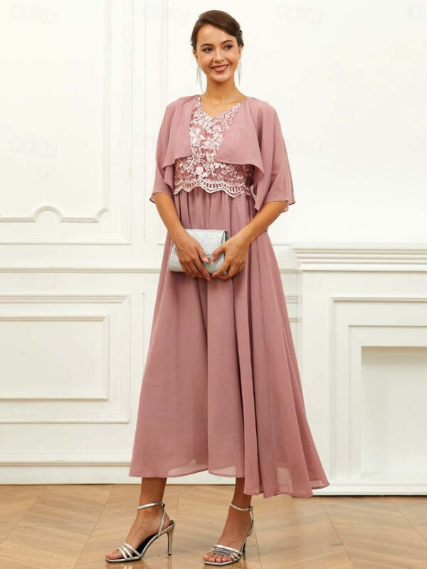 Women's Wedding Guest Cocktail Dress Chiffon Lace Ruffle V Neck Short Sleeve Midi Dress Party Elegant Formal Pink Summer 2025 - US $51.99