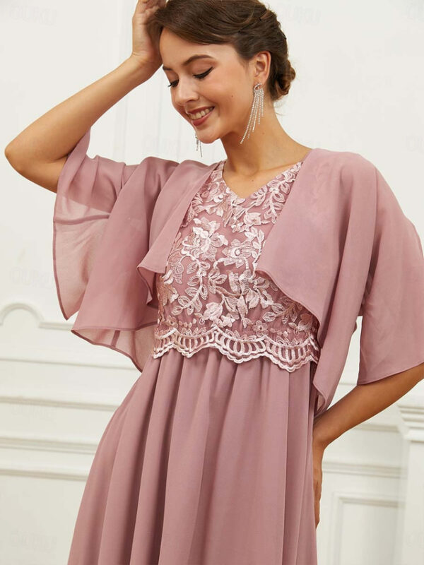 Women's Wedding Guest Cocktail Dress Chiffon Lace Ruffle V Neck Short Sleeve Midi Dress Party Elegant Formal Pink Summer 2025 - US $51.99