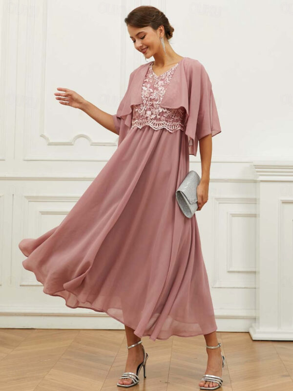 Women's Wedding Guest Cocktail Dress Chiffon Lace Ruffle V Neck Short Sleeve Midi Dress Party Elegant Formal Pink Summer 2025 - US $51.99