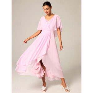 Women's Wedding Guest Cocktail Dress Chiffon Lace Split Elegant Formal A Line Maxi Dress V Neck Short Sleeve Pink Color 2025 - US $42.99