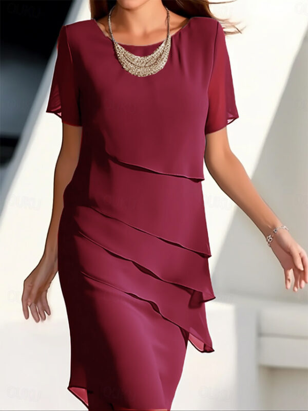 Women's Wedding Guest Cocktail Dress Chiffon Layered Plain Summer Spring Elegant Midi Dress Short Sleeve 2025 - US $43.99