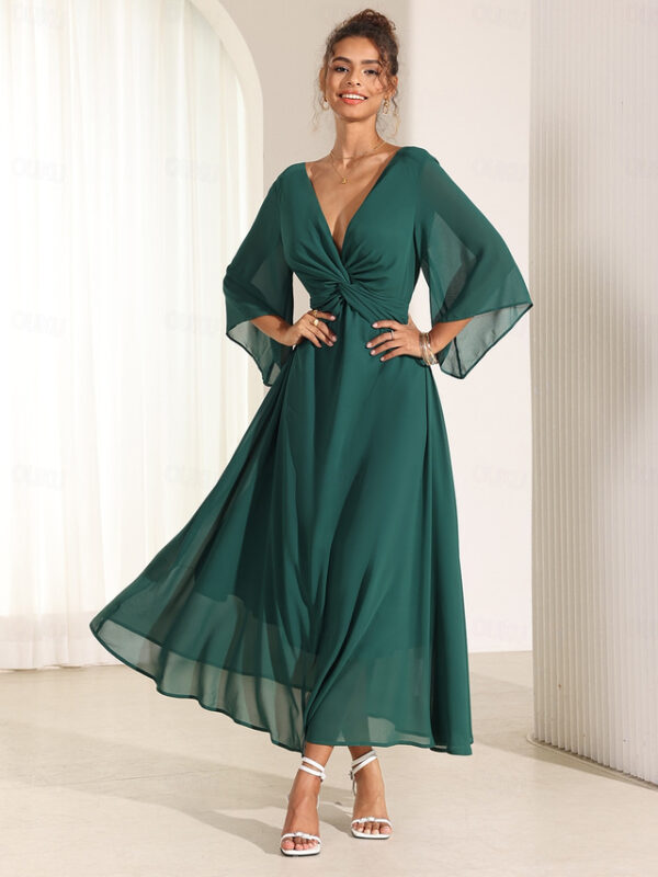 Women's Wedding Guest Cocktail Dress Chiffon Plain Ruffle Twisted Elegant Summer Maxi Dress V Neck Flared 3/4 Length Sleeve 2025 - US $43.99