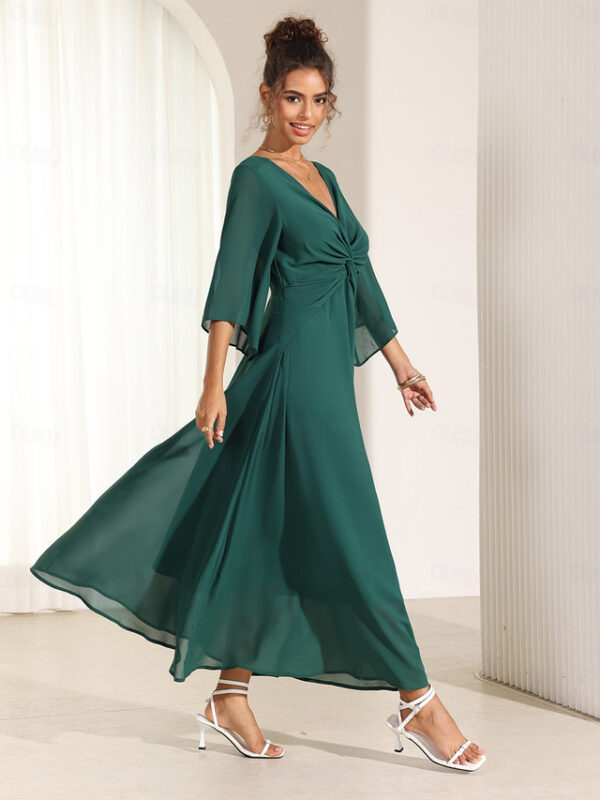 Women's Wedding Guest Cocktail Dress Chiffon Plain Ruffle Twisted Elegant Summer Maxi Dress V Neck Flared 3/4 Length Sleeve 2025 - US $43.99