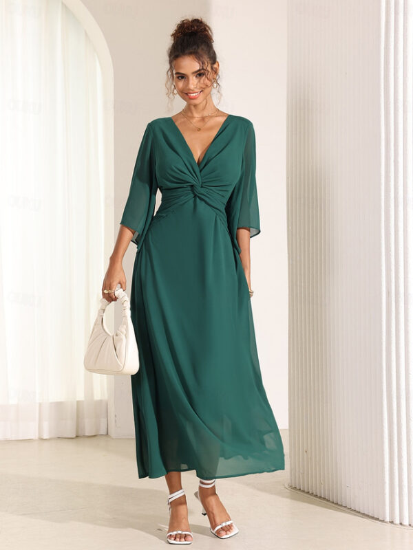 Women's Wedding Guest Cocktail Dress Chiffon Plain Ruffle Twisted Elegant Summer Maxi Dress V Neck Flared 3/4 Length Sleeve 2025 - US $43.99