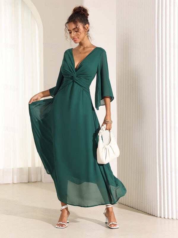 Women's Wedding Guest Cocktail Dress Chiffon Plain Ruffle Twisted Elegant Summer Maxi Dress V Neck Flared 3/4 Length Sleeve 2025 - US $43.99