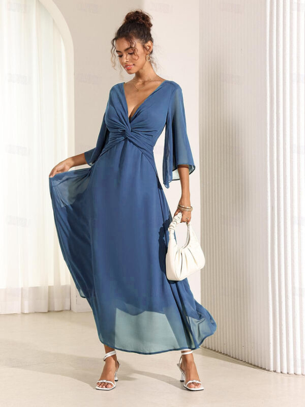 Women's Wedding Guest Cocktail Dress Chiffon Plain Ruffle Twisted Elegant Summer Maxi Dress V Neck Flared 3/4 Length Sleeve 2025 - US $43.99