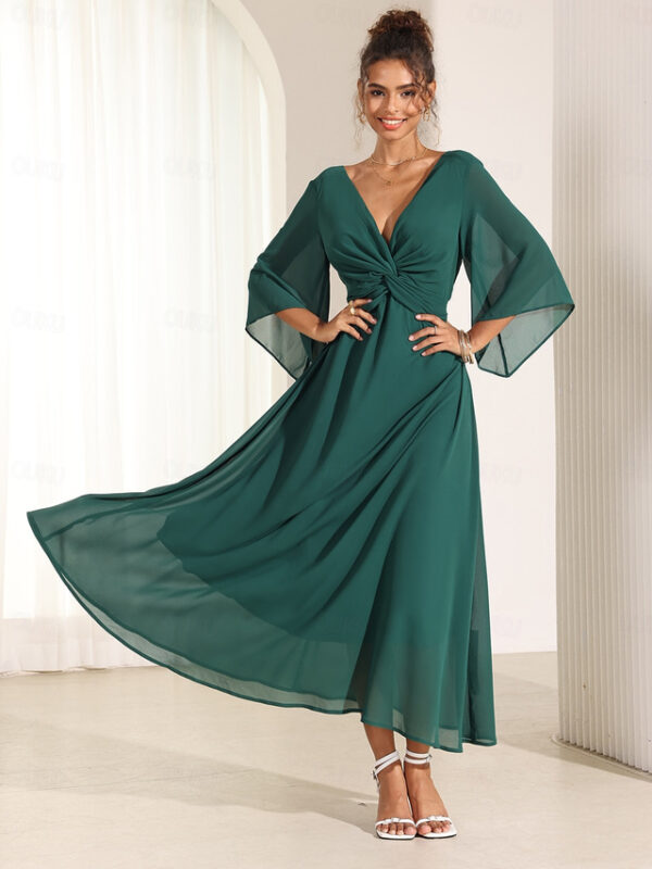 Women's Wedding Guest Cocktail Dress Chiffon Plain Ruffle Twisted Elegant Summer Maxi Dress V Neck Flared 3/4 Length Sleeve 2025 - US $43.99