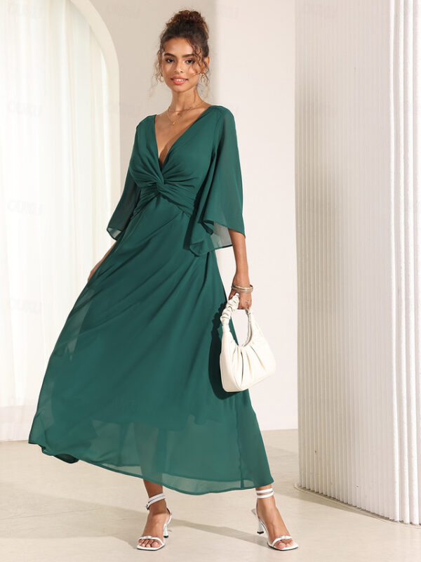 Women's Wedding Guest Cocktail Dress Chiffon Plain Ruffle Twisted Elegant Summer Maxi Dress V Neck Flared 3/4 Length Sleeve 2025 - US $43.99