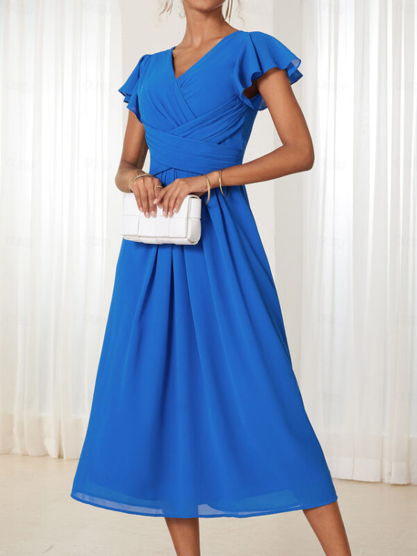 Women's Wedding Guest Cocktail Dress Chiffon Ruched Ruffle Elegant Formal Wrap Midi Dress V Neck Ruffle Sleeve Blue Green Color 2025 - US $43.99