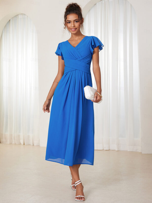 Women's Wedding Guest Cocktail Dress Chiffon Ruched Ruffle Elegant Formal Wrap Midi Dress V Neck Ruffle Sleeve Blue Green Color 2025 - US $43.99