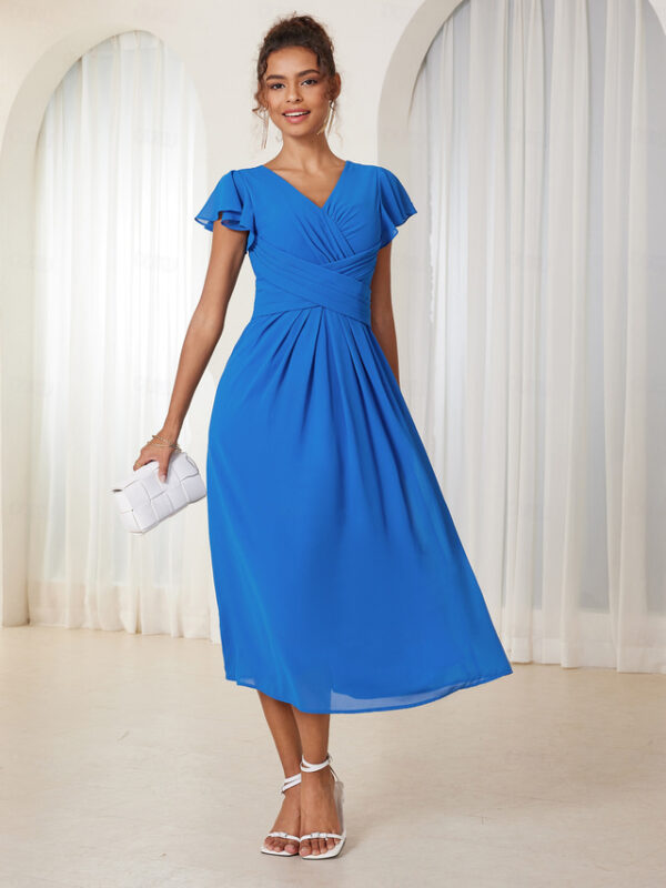 Women's Wedding Guest Cocktail Dress Chiffon Ruched Ruffle Elegant Formal Wrap Midi Dress V Neck Ruffle Sleeve Blue Green Color 2025 - US $43.99