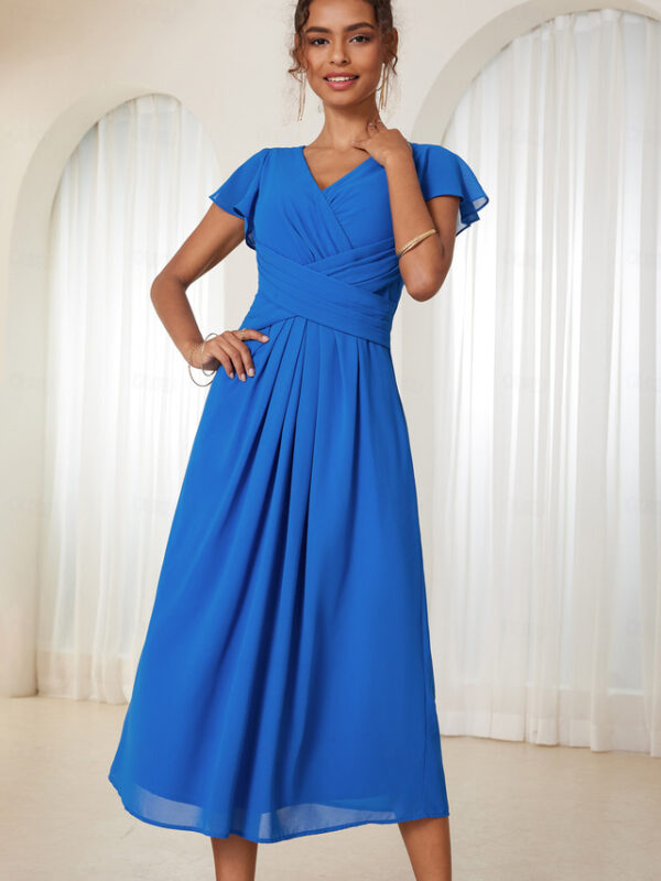 Women's Wedding Guest Cocktail Dress Chiffon Ruched Ruffle Elegant Formal Wrap Midi Dress V Neck Ruffle Sleeve Blue Green Color 2025 - US $43.99