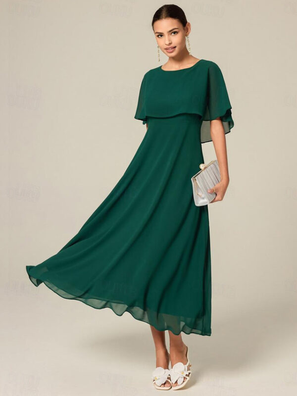 Women's Wedding Guest Cocktail Dress Chiffon Ruffle Elegant Formal Midi A Line Dress Crew Neck Short Sleeve Flared Sleeve Dark Green Color 2025 - US