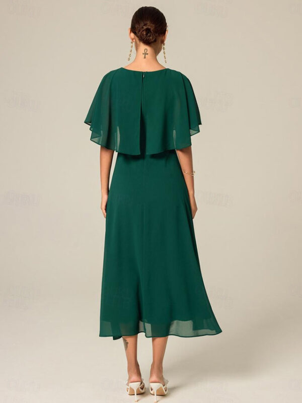 Women's Wedding Guest Cocktail Dress Chiffon Ruffle Elegant Formal Midi A Line Dress Crew Neck Short Sleeve Flared Sleeve Dark Green Color 2025 - US