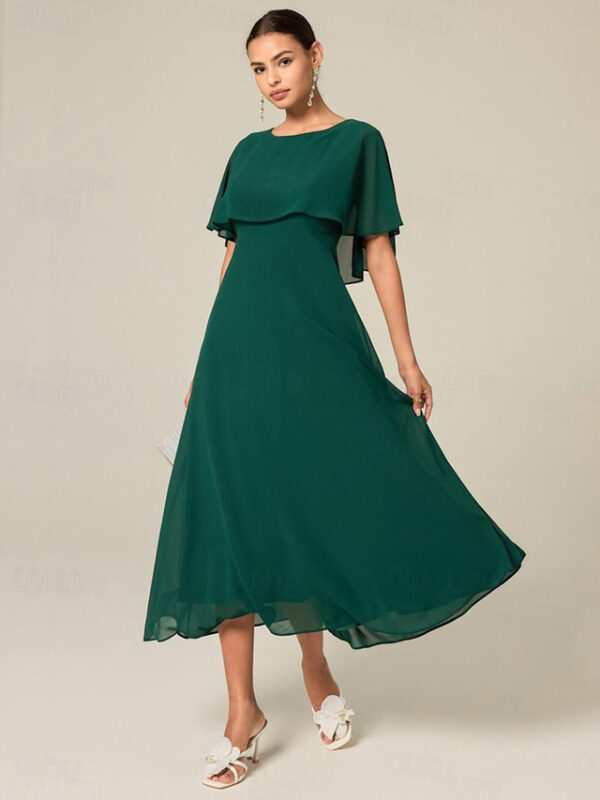 Women's Wedding Guest Cocktail Dress Chiffon Ruffle Elegant Formal Midi A Line Dress Crew Neck Short Sleeve Flared Sleeve Dark Green Color 2025 - US